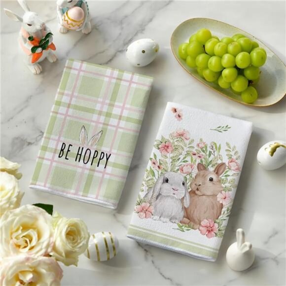 Green Bunny Rabbit Ears Floral Leaves Easter Kitchen Towels Dish - Picture 3 of 5